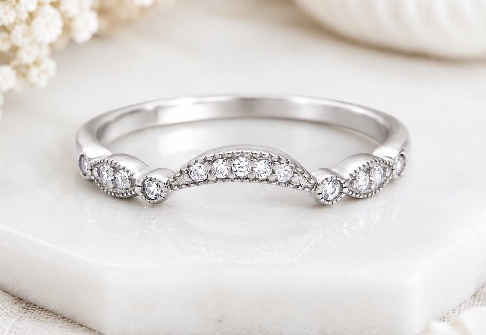 Art Deco Curved Wedding Band Ring CZ 925 Sterling Silver Size 8 Enhancer Stacker